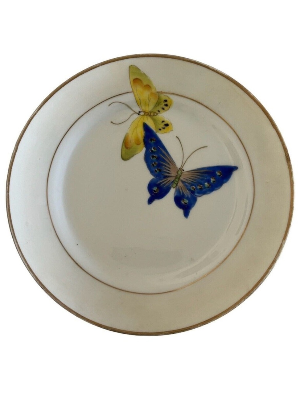 4 Hand painted Nippon Butterfly Dish Saucer Plates Blue Yellow Gold Tone 6.5 In